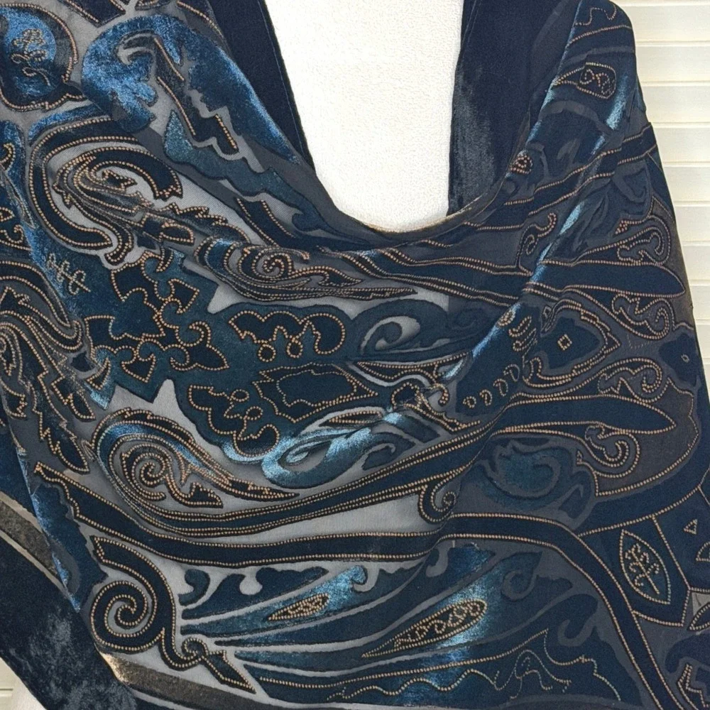 Vintage Italian Silk Blend Velvet Burnout Paisley Scarf Fringe Boho Wrap Shawl